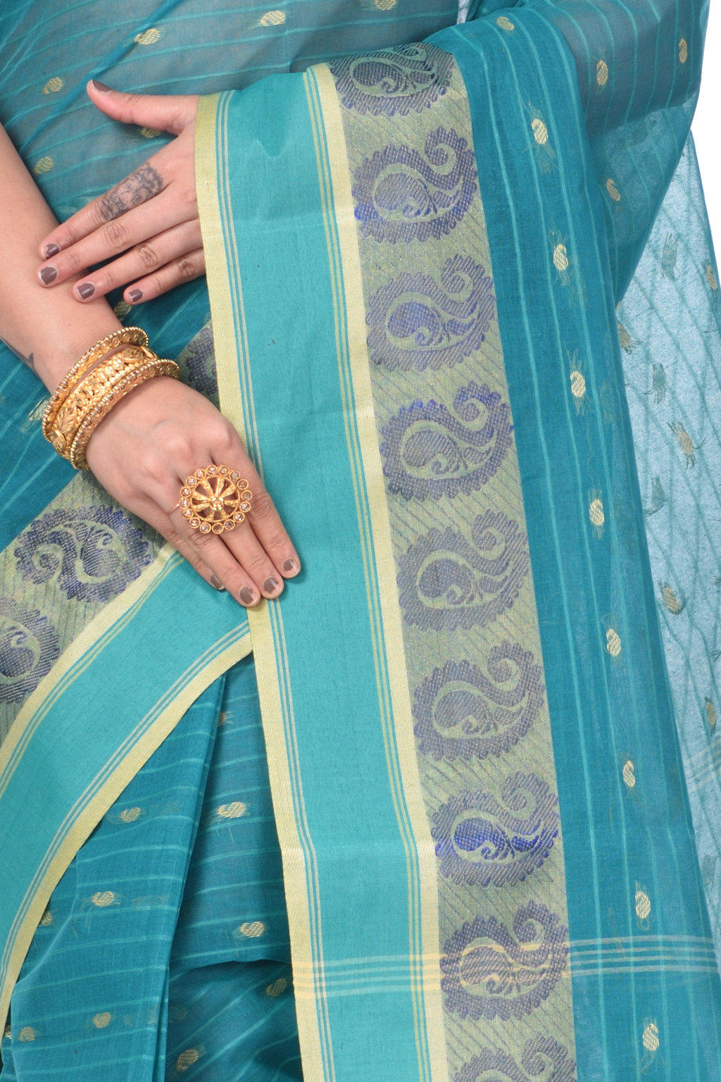 Dark Green Pure Cotton Kolka_Guti Tant Saree (5134)